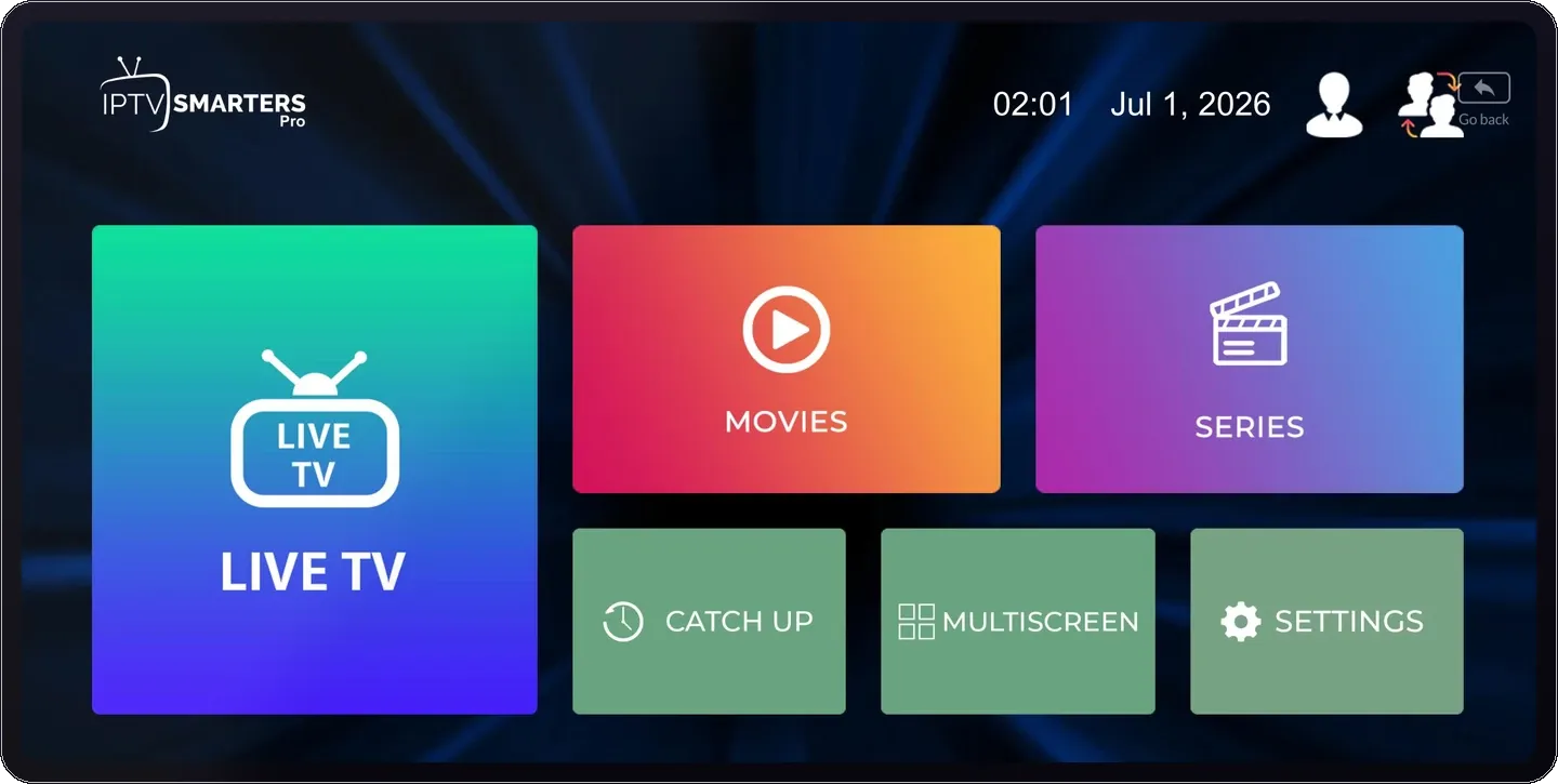 Interface IPTV Smarters Pro : chaînes en direct, films et séries
